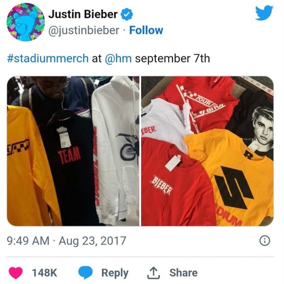 H&M x Justin Bieber 2017 Staduim Tour White T-Shirt Men's XS | Women's Medium - Picture 12 of 12